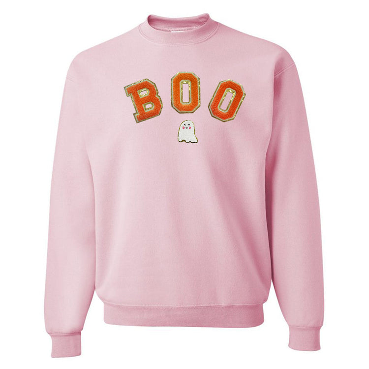 Boo Letter Patch Crewneck Sweatshirt- Orange Patches- Curved with Ghost